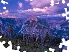 Góry, Drzewa, Stany Zjednoczone, Zachód słońca, Kalifornia, Glacier Point, Punkt widokowy, Park Narodowy Yosemite
