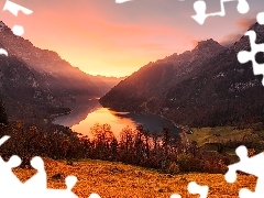 Góry, Szwajcaria, Dolina, Alpy, Drzewa, Wschód słońca, D