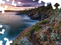 Gmina Saint Malo, Morze, Zachód słońca, Wybrzeże, Roślinność, Bretania, Francja, Skały