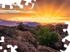 Granitowe, Skały, Stany Zjednoczone, Granite Dells, Arizona, Góry, Zachód słońca, Prescott