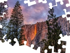 Horsetail Fall, Pomarańczowa, Skalista, Yosemite Firefall, Drzewa, Stany Zjednoczone, Kalifornia, Wodospad, Poświata, Park Narodowy Yosemite, Góra