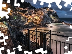Cinque Terre, Włochy, Kolorowe, Morze Liguryjskie, Światła, Zatoka, Chmury, Manarola, Gmina Riomaggiore, Noc, Domy
