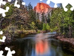 Góry, Park Narodowy Yosemite, Szczyt Half Dome, Rzeka, Kalifornia, Stany Zjednoczone, Drzewa, Las, Merced River