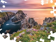 Zachód słońca, Morze, Roślinność, Hrabstwo Donegal Irlandia, Skały, Wybrzeże