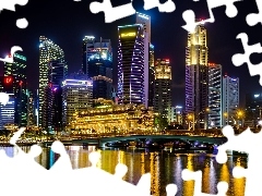 Central Business District, Most, Singapur, Promenada Esplanade, Most, Oświetlone, Wieżowce, Noc