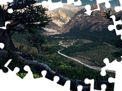 Dolina, Góry, Szczyt Fitz Roy, Patagonia, Gałęzie, Park N