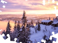 Drzewa, Zachód słońca, Valdres, Norwegia, Domy, Zima