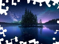 Zorza polarna, Drzewa, Niebo, Noc, Two Jack Lake, Kanada, Al