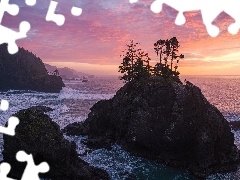 Park stanowy, Skały, Wybrzeże, Oregon, Wschód słońca, Morze, Drzewa, Stany Zjednoczone, Samuel H Boardman State Scenic Corridor, Chmury