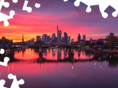 Rzeka Men, Zachód słońca, Frankfurt nad Menem, Niemcy, Wieczór, Most
