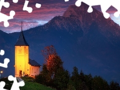 Wzgórze, Oświetlony, Wieś Jamnik, Słowenia, Góry, Kościół św Primusa i Felicjana