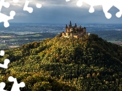 Lasy, Zamek Hohenzollern, Badenia-Wirtembergia, Drzewa, Góra Hohenzollern, Wzgórza, Niemcy