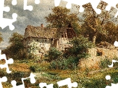 Ludwig Halauska, Dom, Dolina Laabach, Ruiny, Staw, Obraz, Malarstwo, Drzewa
