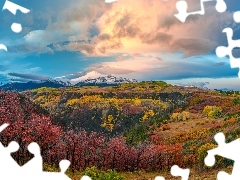 Las, Drzewa, Stany Zjednoczone, Jesień, Kolorado, San Juan Mountains, Góry, Chmury