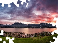 Zachód słońca, Góry, Chmury, Alpy Berneńskie, Jezioro Thunersee, Niebo, Szwajcaria
