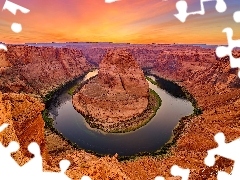 Horseshoe Bend, Skały, Rzeka, Arizona, Kolorado River, Park Narodowy Glen Canyon, Kanion, Stany Zjednoczone, Zachód słońca, Zakole