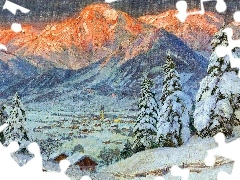 Obraz, Malarstwo, Alois Arnegger, Zima, Gmina Admont, Austria, Drzewa, Domy, Góry Alpy