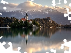 Góry, Kościół, Odbicie, Wyspa, Chmury, Jezioro Bled, Słowenia, Blejski Otok