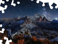 Tre Cime di Lavaredo, Noc, Włochy, Niebo, Droga Mleczna, Dolomity, Góry, Gwiazdy
