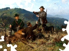 Carl Friedrich Deiker, Polowanie, Góry, Mężczyźni, Psy, Obraz, Malarstwo, Jeleń
