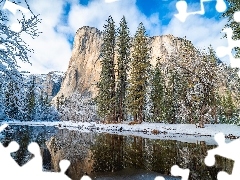 Park Narodowy Yosemite, Góry, Rzeka, Skały, Drzewa, Kalifornia, Stany Zjednoczone, Zima