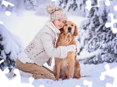Śnieg, Pies, Ośnieżone, Golden retriever, Dziewczynka, Zima, Drzewa