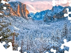 Zima, Park Narodowy Yosemite, Yosemite Valley, Ośnieżone, Góra, Stany Zjednoczone, Dolina, Skały, Drzewa, El Capitan