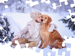 Ośnieżone, Pies, Śnieg, Golden retriever, Dziewczynka, Drzewa, Zima