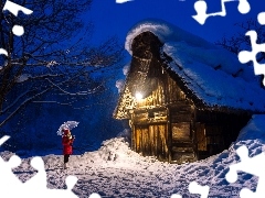 Drewniany, Zima, Oświetlenie, Dom, Śnieg, Japonia, Shirakawa, Wieczór, Kobieta, Wioska, Drzewa