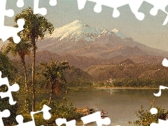 Góry, Obraz, Palmy, Frederic Edwin Church, Malarstwo, Domy, Jezioro