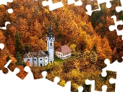 Kościół, Dom, Drzewa, Jesień, Las