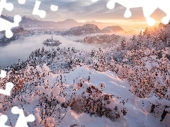 Ośnieżone, Śnieg, Słowenia, Krzewy, Jezioro Bled, Zima, 