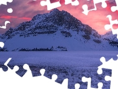 Góra Crowfoot Mountain, Drzewa, Kanada, Zachód słońca, Park Narodowy Banff, Góry, Zima, Jezioro Bow Lake