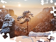 Śnieg, Park Narodowy Saskiej Szwajcarii, Skały, Poranek, Drzewo, Niemcy, Góry Połabskie, Mgła, Słońce, Zima