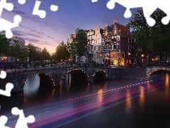 Most, Amsterdam, Domy, Kanał, Holandia, Drzewa, Światła