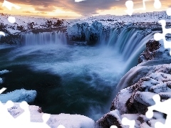 Wodospad Godafoss, Islandia, Góry, Skały, Zima