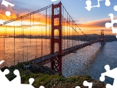 San Francisco, Golden Gate Bridge, Kalifornia, Cieśnina Golden Gate, Most, Wschód słońca, Stany Zjednoczone