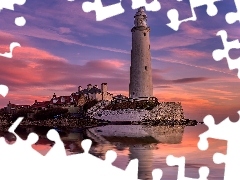 Morze, Latarnia morska, Anglia, St Marys Lighthouse, Whitley Bay, Zachód słońca, Wyspa, Hartley