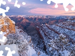 Grand Canyon, Kanion, Drzewo, Park Narodowy Wielkiego Kanionu, Zima, Arizona, Stany Zjednoczone, Skały