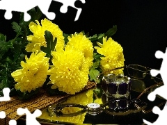 Stół, Żółte, Zegarek, Chryzantemy, Kwiaty, Okulary, Kompozycja