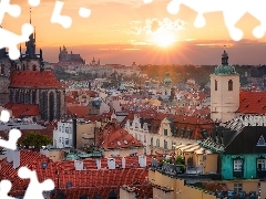 Panorama, Zamek na Hradczanach, Promienie słońca, Katedra Świętych Wita Wacława i Wojciecha, Domy, Czechy, Praga, Hradczany