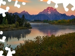 Teton Range, Góry, Rzeka, Snake River, Stan Wyoming, Stany Zjednoczone, Krzewy, Park Narodowy Grand Teton, Drzewa