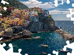 Cinque Terre, Wybrzeże, Morze Liguryjskie, Domy, Gmina Riomaggiore, Włochy, Łódki, Manarola, Skały