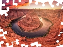 Horseshoe Bend, Kanion, Rzeka, Arizona, Kolorado River, Park Narodowy Glen Canyon, Skały, Stany Zjednoczone, Zachód słońca, Zakole