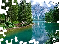 Jezioro, Pragser Wildsee, Odbicie, Góry, Mgła, Południowy Tyrol, Włochy, Drzewa