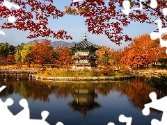Jezioro, Park, Seul, Drzewa, Pawilon Hyangwonjeong, Jesień, Korea Południowa