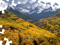 Kolorado, Stany Zjednoczone, Góry Elk, Góra, Jesień, Chmury, Las, Drzewa, Capitol Peak