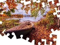 Liście, Jesień, Łódka, Drzewa, Jezioro