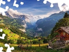 Alpy, Dolina, Ogrodzenie, Lauterbrunnental, Drzewa, Góry, Szwajcaria, Domy