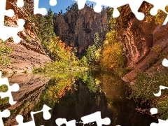 Skały, Arizona, West Fork of Oak Creek, Sedona, Stany Zjednoczone, Wąwóz, Drzewa